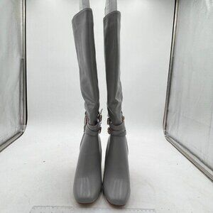 Grey Side Zipper Strap Buckle Boots Chunky High Heel Square Toe Ankle Booties